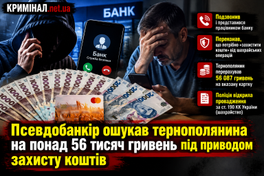 Псевдобанкір ошукав тернополянина на понад 56 тисяч гривень під приводом захисту коштів