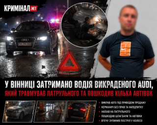 У Вінниці затримано водія викраденого Audi, який травмував патрульного та пошкодив кілька автівок У Вінниці затримано водія викраденого Audi, який травмував патрульного та пошкодив кілька автівок