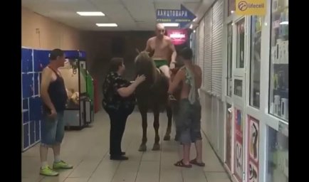 В Киеве мужчина на коне заехал в супермаркет