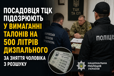 Посадовця ТЦК підозрюють у вимаганні талонів на 500 літрів дизпального за зняття чоловіка з розшуку