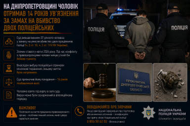 На Дніпропетровщині чоловік отримав 14 років ув’язнення за замах на вбивство двох поліцейських На Дніпропетровщині чоловік отримав 14 років ув’язнення за замах на вбивство двох поліцейських