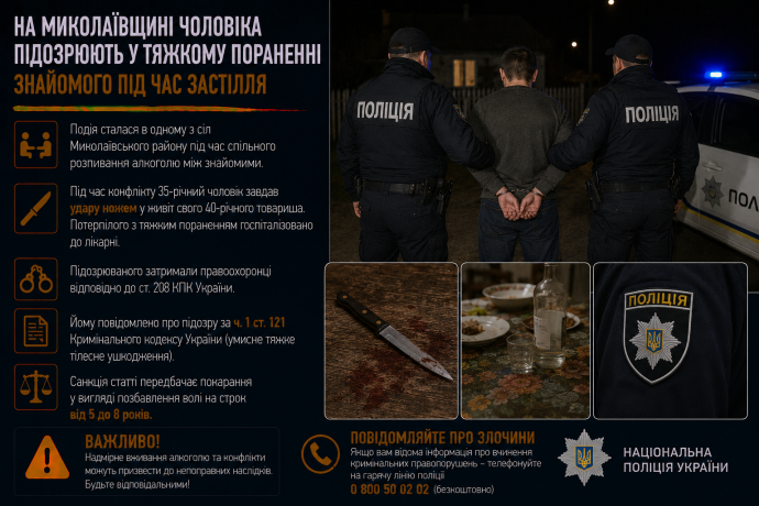На Миколаївщині чоловіка підозрюють у тяжкому пораненні знайомого під час застілля
