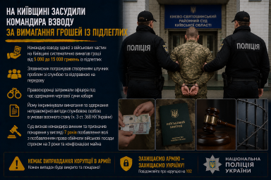 На Київщині засудили командира взводу за вимагання грошей із підлеглих На Київщині засудили командира взводу за вимагання грошей із підлеглих