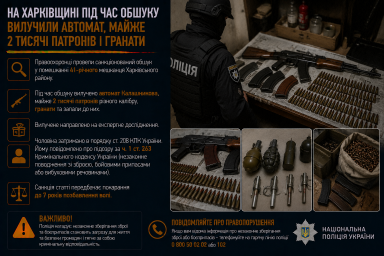 На Харківщині під час обшуку вилучили автомат, майже 2 тисячі патронів і гранати
