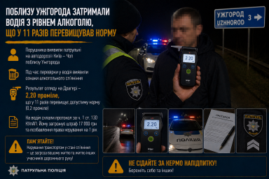 Поблизу Ужгорода затримали водія з рівнем алкоголю, що у 11 разів перевищував норму