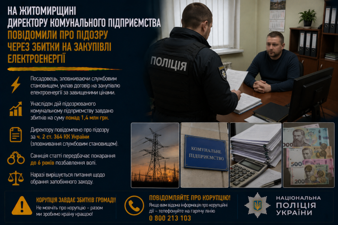 На Житомирщині директору комунального підприємства повідомили про підозру через збитки на закупівлі електроенергії