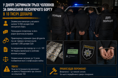 У Дніпрі затримали трьох чоловіків за вимагання неіснуючого боргу в 10 тисяч доларів У Дніпрі затримали трьох чоловіків за вимагання неіснуючого боргу в 10 тисяч доларів